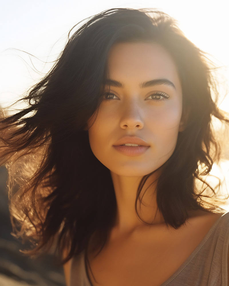 Beautiful woman with glowing hair at sunset